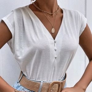 SHEIN Frenchy Half Button Plicated Batwing Sleeve Tee